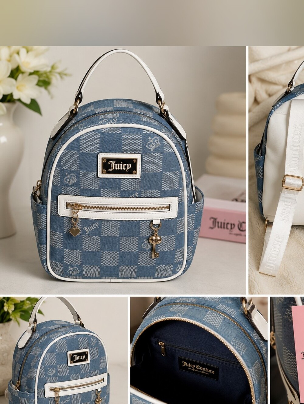 Juicy Couture Blue Checker Mini Backpack with White Trim